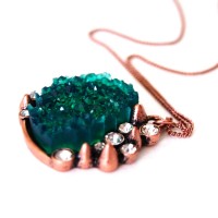 Spike Emerald Druzy Crystal Pendant Necklace Copper Chain 